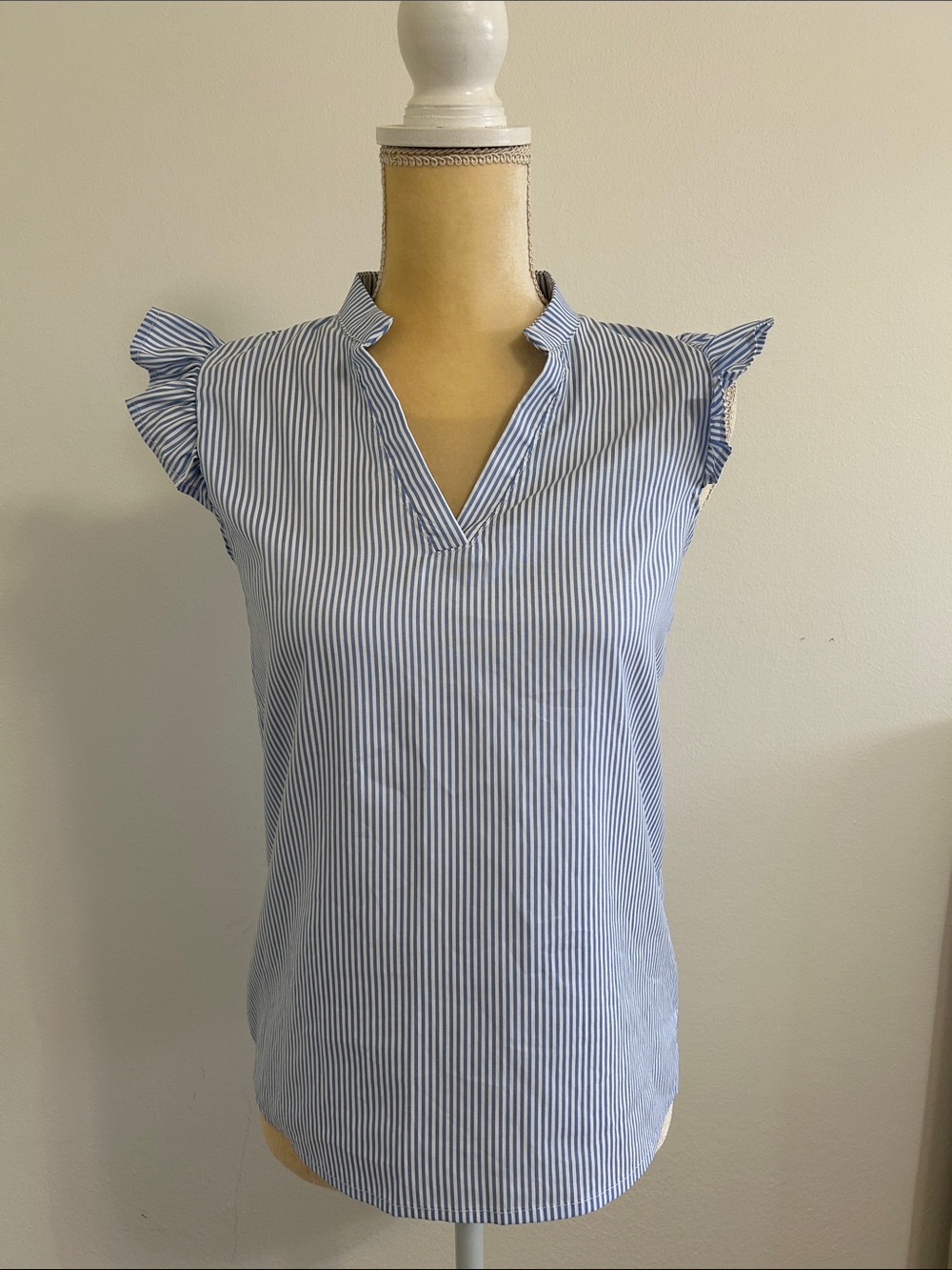 SHEIN Blue & White Striped Ruffle Sleeve Notch Neck Top